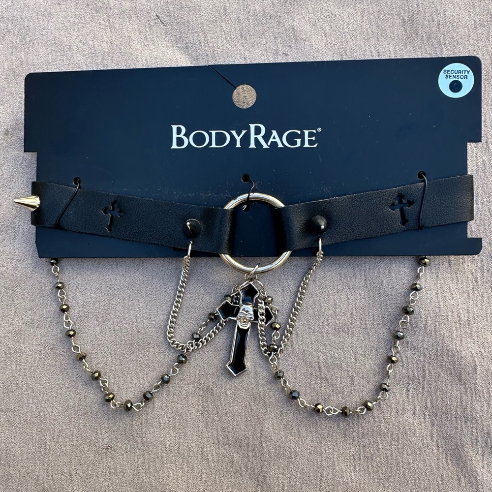 Body Rage Black Choker Necklace with Silver Cross Chains